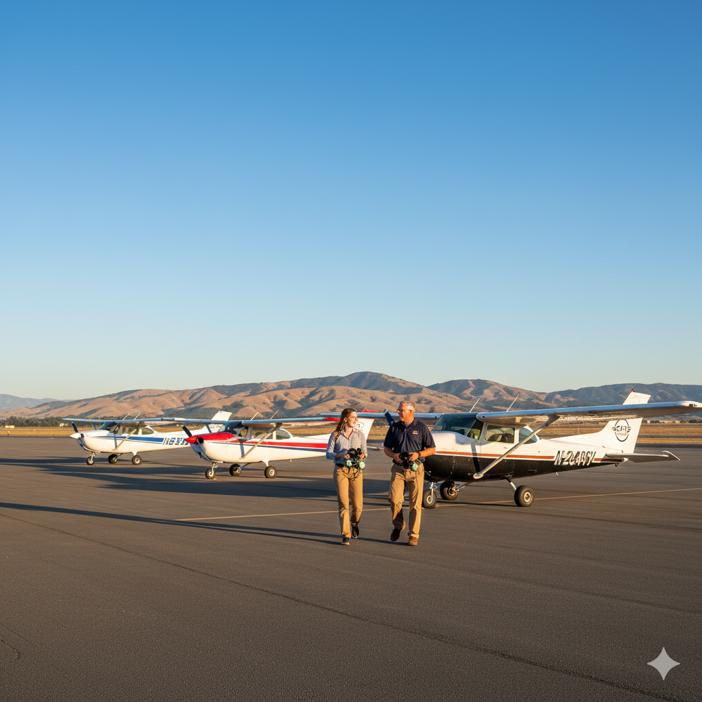 Two people walk on an airport tarmac in front of three small parked airplanes, with mountains and clear blue sky in the background. - CFI Academy