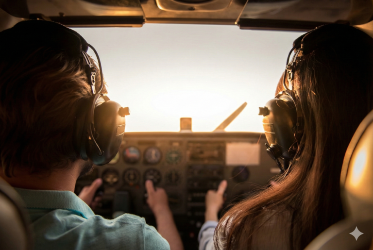 Two people wearing headsets sit side by side in the cockpit of a small airplane, facing the instrument panel and controls, with sunlight streaming through the front window. - CFI Academy