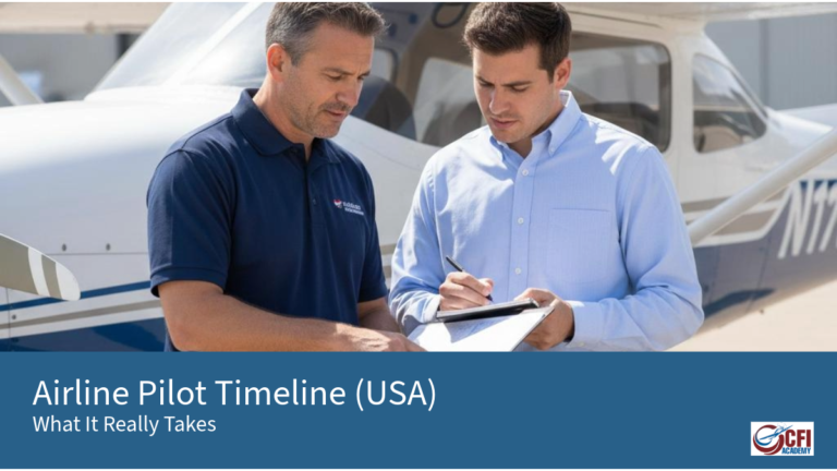 Two men stand beside a small airplane; one listens while the other writes on a clipboard. Text reads, Airline Pilot Timeline (USA): how long does it take to become an airline pilot—What It Really Takes. - CFI Academy