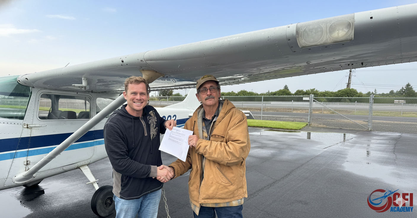 Two men stand smiling in front of a small airplane on a wet tarmac, shaking hands—perhaps celebrating after resolving a CFI renewal grace period. One man holds a paper. A fence, grass, and cloudy sky are visible. SEFI Academy logo is in the corner. - CFI Academy