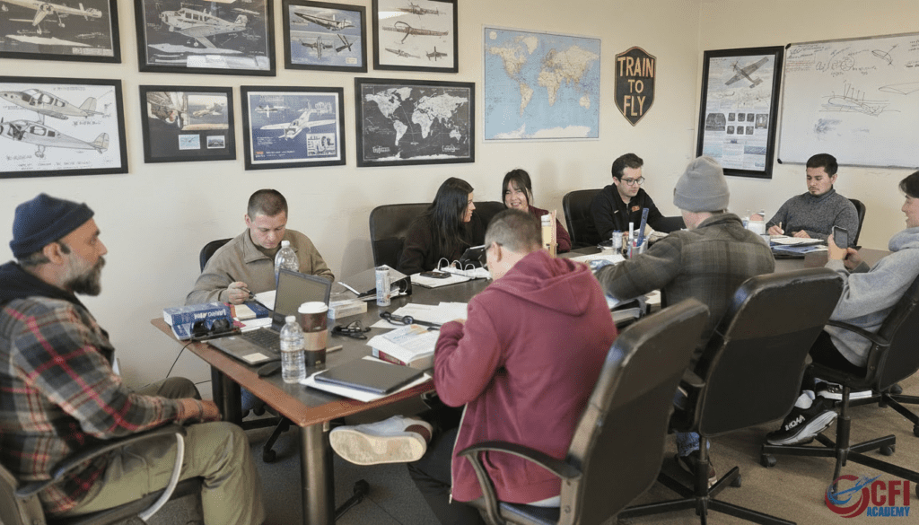 A group of people sit around a table in a classroom studying aviation materials as part of professional flight instructor training. The walls display aircraft photos, maps, and aviation posters. The room appears focused and collaborative. - CFI Academy