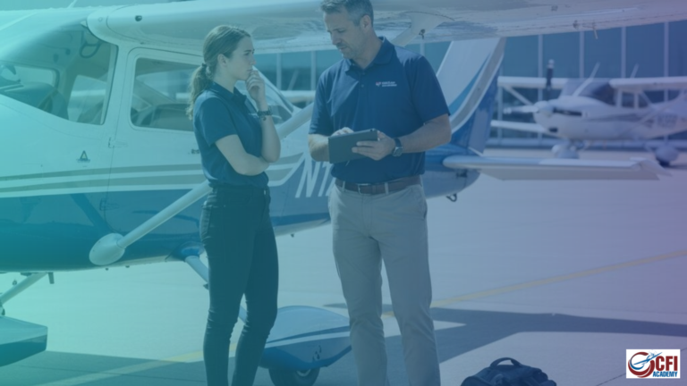A flight instructor explains something on a tablet to a student pilot standing beside a small airplane, perhaps discussing how much does it cost to become an airline pilot. Other light aircraft are visible in the background. - CFI Academy