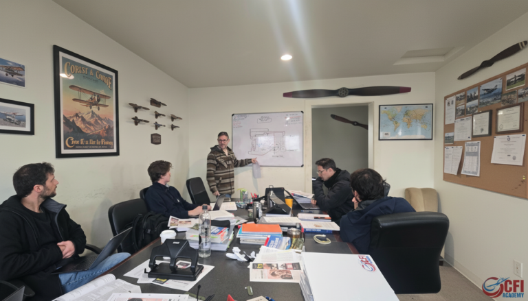 A CFI leads a lesson by the whiteboard, explaining a diagram to four students seated in an aviation-themed classroom, where model airplanes and certificates showcase CFII and MEI training achievements on the walls. - CFI Academy