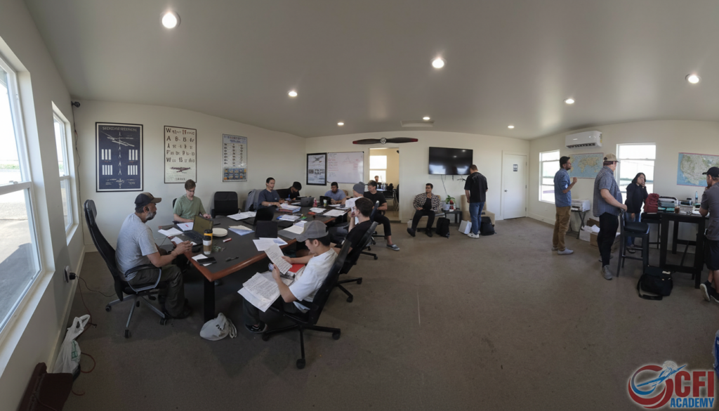 A group of pilots sit and stand around tables in a bright classroom, studying papers and discussing CFI training. Maps and aviation charts line the walls, a TV is mounted at the front, and the CFI Academy logo is visible in the corner. - CFI Academy