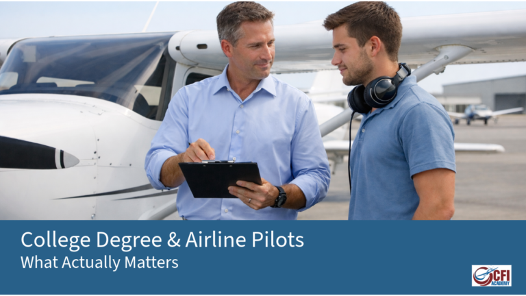 Two men, possibly discussing whether a college degree is required to become an airline pilot, stand next to a plane. - CFI Academy