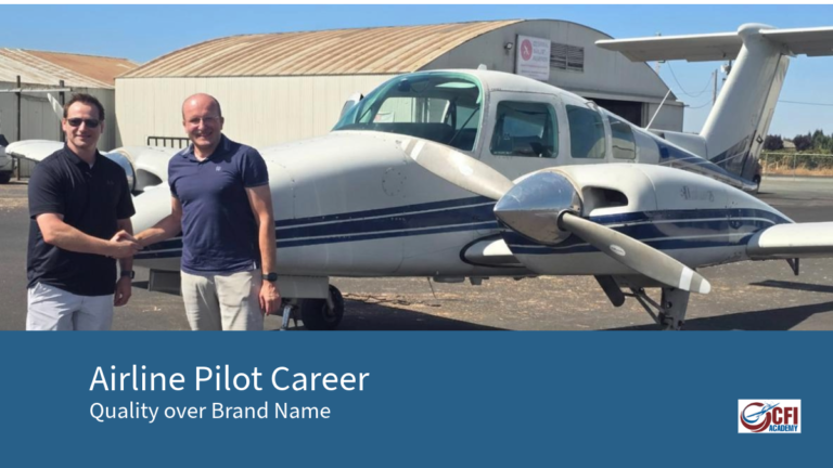 Two men stand smiling and shaking hands in front of a small twin-engine airplane parked at an airfield, with a hangar in the background. Text reads, Airline Pilot Career: Quality over Brand Name, with the CFI Academy logo. - CFI Academy