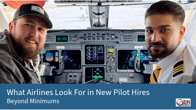 Two male pilots, one in uniform, smile in a commercial airplane cockpit with the instrument panel visible. Text reads: What Airlines Look For in New Pilot Hires—Beyond Minimums. CFI Academy logo highlights what airlines look for in new pilot hires. - CFI Academy