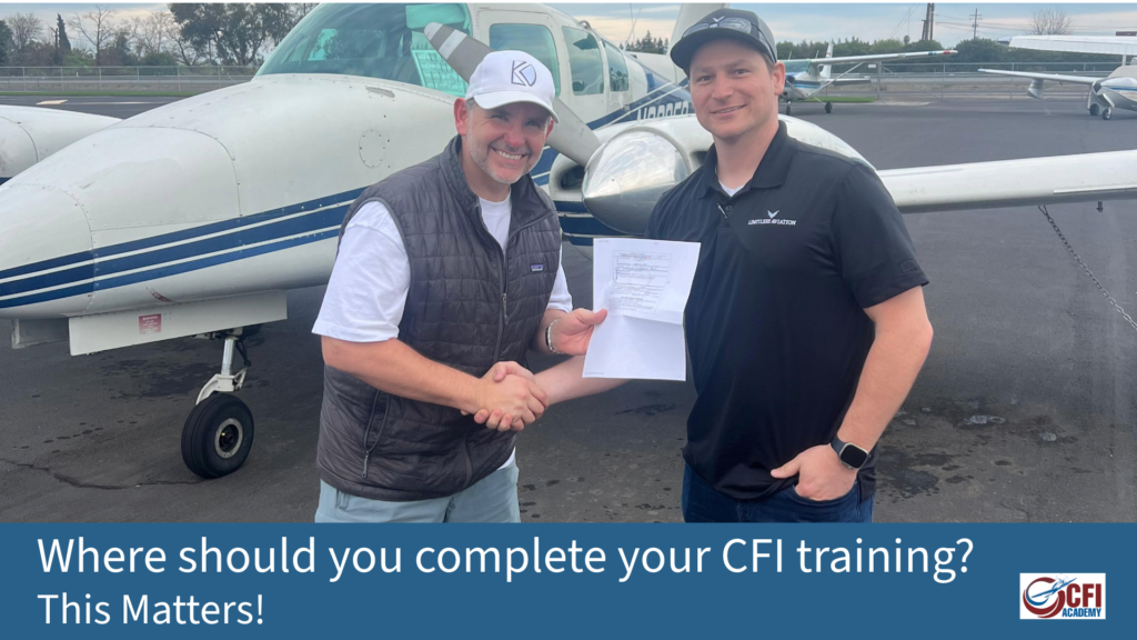 Two men stand in front of a small airplane, smiling and shaking hands while holding a certificate. Text below reads, “Where to do CFI training? Discover the best CFI training school!” with the CFI Academy logo. - CFI Academy