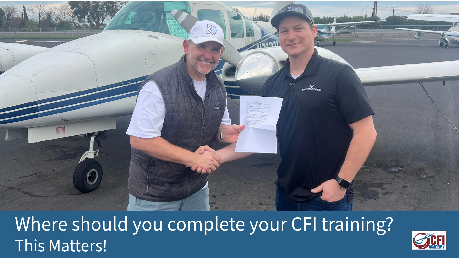 Two men stand in front of a small airplane, smiling and shaking hands while holding a certificate. Text below reads, “Where to do CFI training? Discover the best CFI training school!” with the CFI Academy logo. - CFI Academy