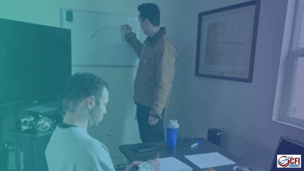 Two flight instructors in a classroom; one stands and draws a curve on a whiteboard while the other sits at a table taking notes. There are papers, a water bottle, and a phone on the table; a map is on the wall. - CFI Academy