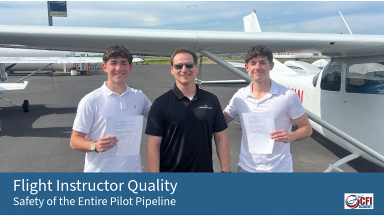 Three smiling flight instructors stand in front of a small airplane on an airport tarmac. Two of them hold up certificates. A banner at the bottom reads Flight Instructor Quality: Safety of the Entire Pilot Pipeline with the CFI Academy logo. - CFI Academy