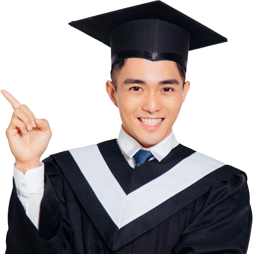 A smiling young man wearing a graduation cap and gown points upward with his right index finger, celebrating his achievement as an Accelerated CFI against a plain white background. - CFI Academy