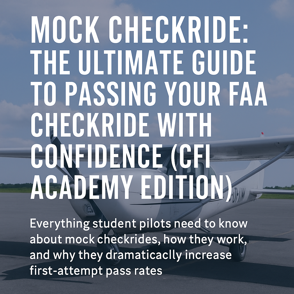 A small airplane on a runway with text overlay: Mock Checkride: The Ultimate Guide to Passing Your FAA Checkride with Confidence (CFI Academy Edition). Text below explains the benefits of mock checkrides for student pilots. - CFI Academy