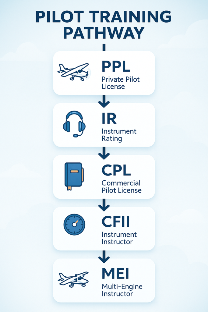 Flowchart titled “Pilot Training Pathway,” showing five steps: PPL (Private Pilot License), IR (Instrument Rating), CPL (Commercial Pilot License), CFII (Instrument Instructor), and MEI (Multi-Engine Instructor). - CFI Academy
