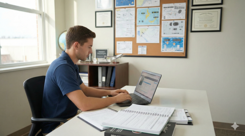 A man in a blue shirt sits at a desk in an office, working on a laptop with notes labeled “CFI vs Multi Engine First.” Behind him, a bulletin board displays maps and certificates. - CFI Academy