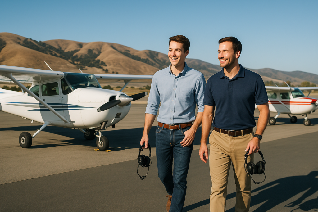 Two men in casual clothes walk on an airport runway, each holding aviation headsets and smiling, with Cessna 150 sport pilot training planes and hills in the background under a clear blue sky. - CFI Academy