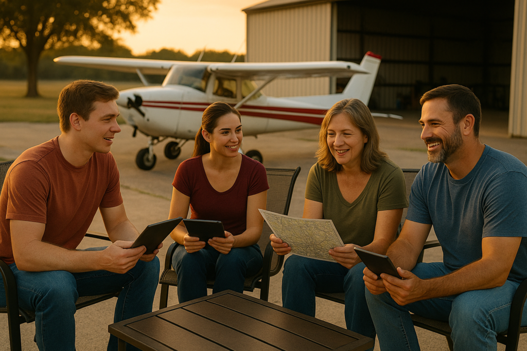 Four people sit outside near a small airplane, smiling and holding tablets and a map, as they discuss affordable flight training California at sunset in front of a hangar. - CFI Academy