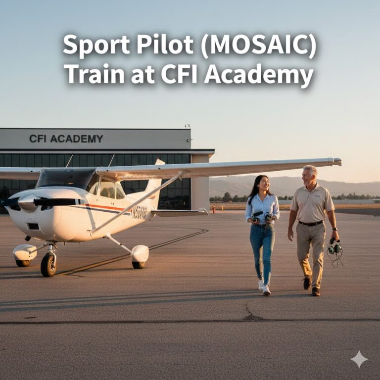 A man and a woman walk on an airport runway beside a small airplane, holding flight gear, with the CFI Academy building in the background. Text reads: Sport Pilot (MOSAIC) Train at CFI Academy. - CFI Academy