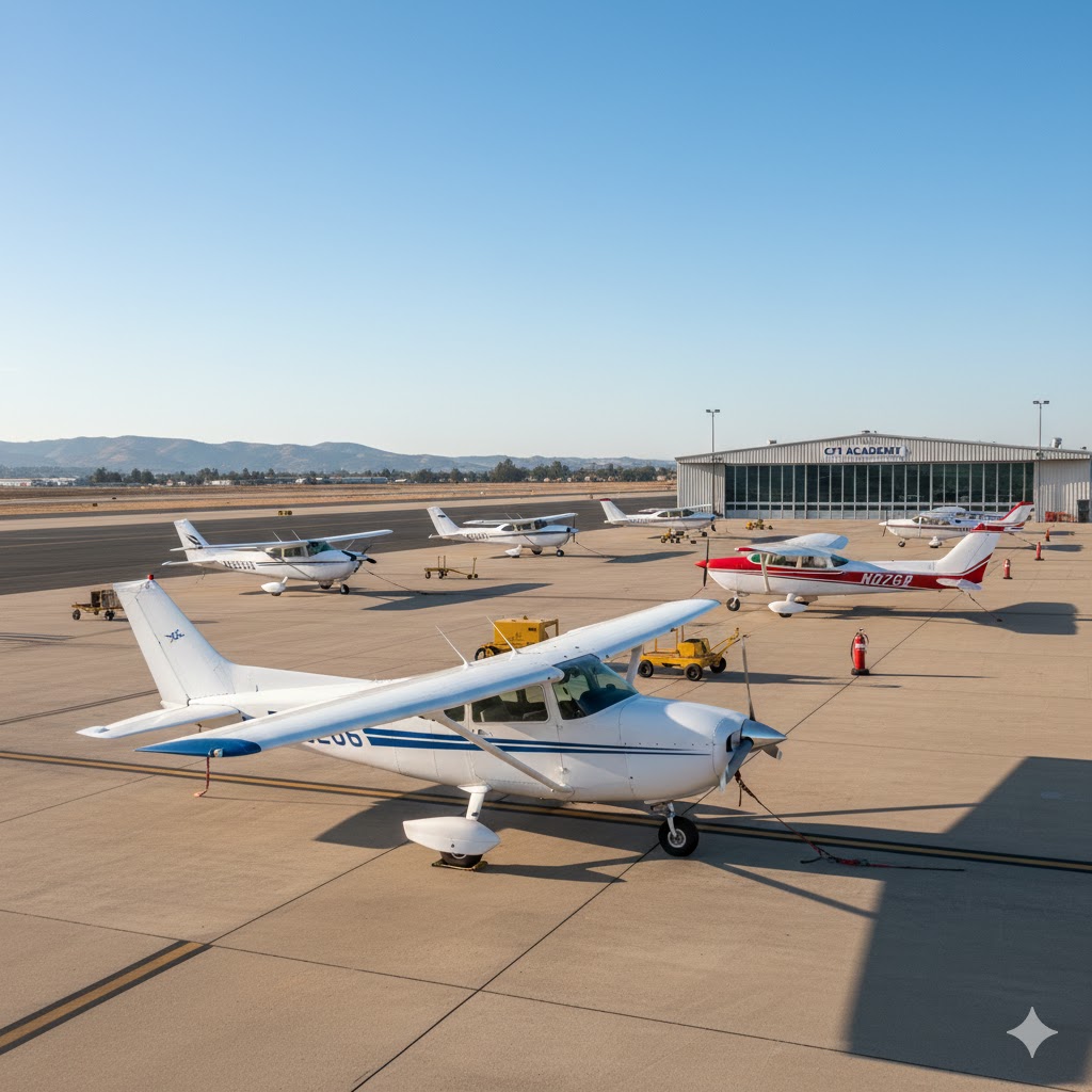 Several small single-engine airplanes are parked on a sunny airport tarmac in front of a hangar labeled CTI Academy, with mountains visible in the background. - CFI Academy