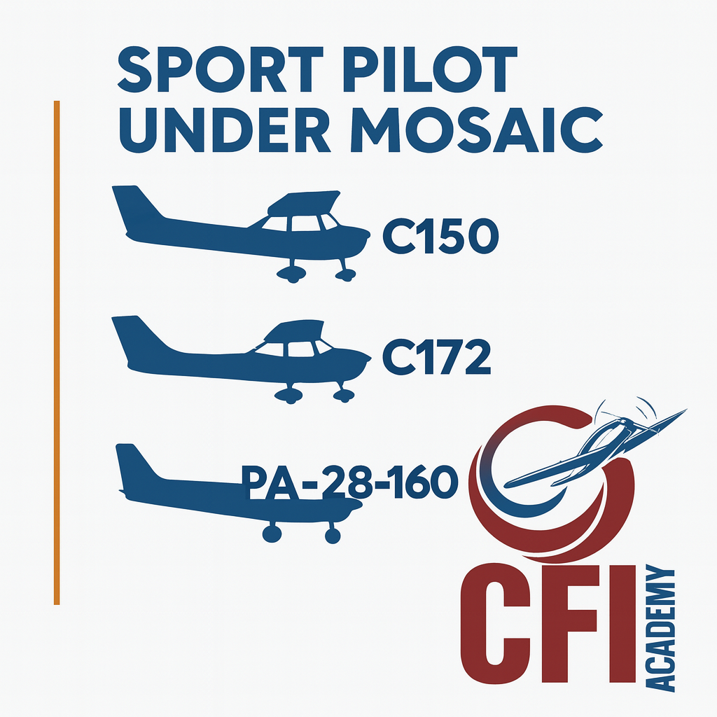 Graphic features silhouettes of three airplanes labeled C150, C172, and PA-28-160, titled Sport Pilot Under MOSAIC 2025. Includes the CFI Academy logo with a stylized plane—perfect for those seeking sport pilot training in California. - CFI Academy
