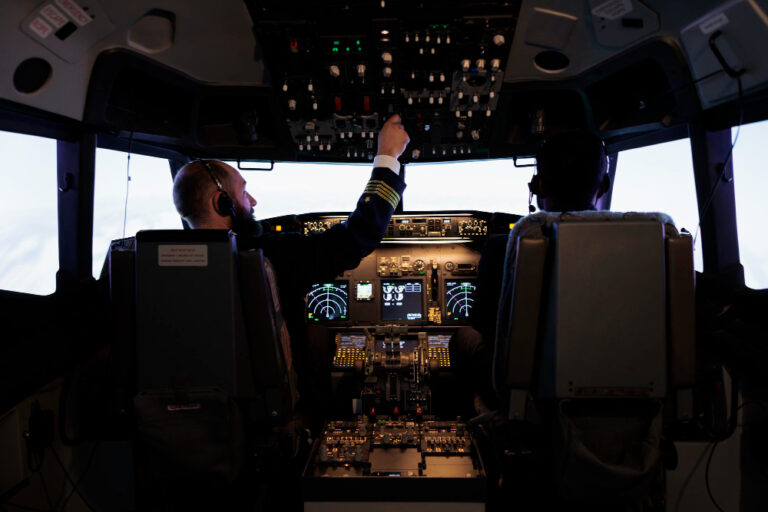 Two pilots sit in a commercial airplane cockpit. One adjusts controls on the overhead panel while both look at illuminated flight instruments and screens ahead, preparing for or operating a flight. - CFI Academy