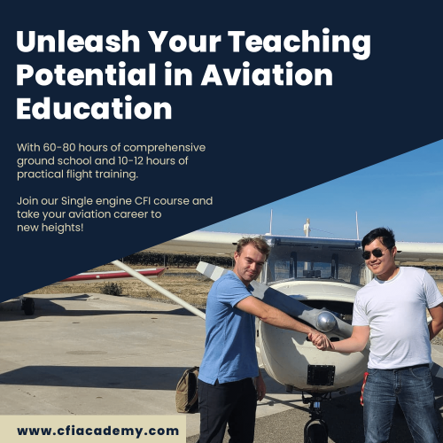 Two men shake hands in front of a small propeller airplane. The image promotes an Accelerated CFI course, featuring bold text about aviation education and Certificated Flight Instructor details, with a website link at the bottom. - CFI Academy
