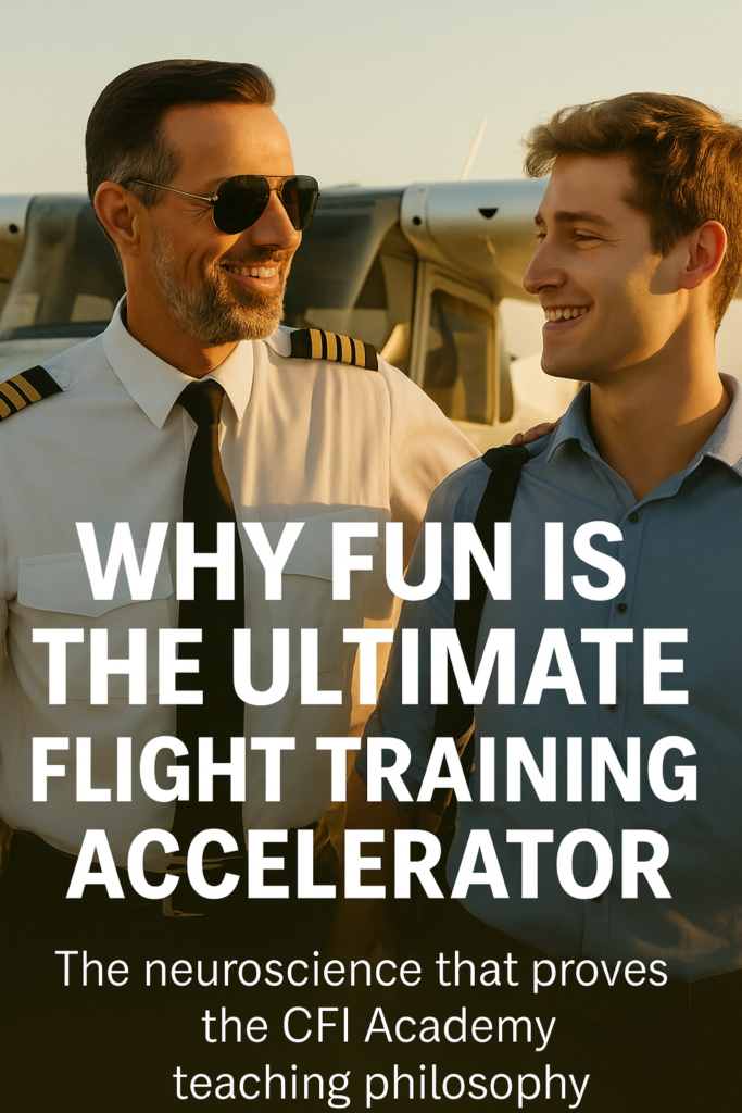 A flight instructor in uniform and sunglasses smiles with a student pilot in casual clothes, standing in front of a small airplane. Text reads, “Fun learning aviation: The neuroscience behind CFI Academy’s pilot training acceleration philosophy.”. - CFI Academy